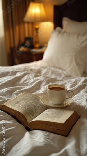Cozy morning with a warm cup of coffee and an open book on a neat bed