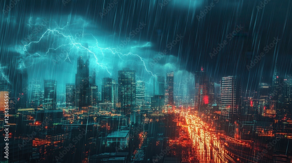 Fototapeta premium Cityscape During Storm with Lightning Strikes and Heavy Rain