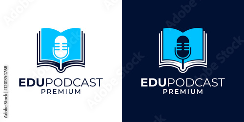 Podcast book logo design icon vector template. Podcast education with microphone symbol logo design. Voice musician logo with book, microphone, graduation hat illustration vector graphic.