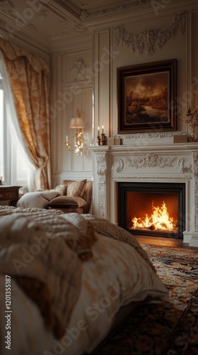 Cozy bedroom with a fireplace glowing in an elegant setting