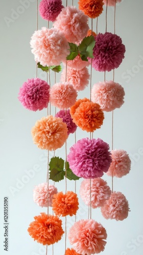Colorful hanging pom poms create a vibrant decoration in a stylish interior s...