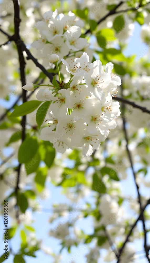 White flowers on a blossom cherry tree with soft background of green spring leaves and blue sky, silhouette White flowers on a blossom cherry tree with soft background of green spring leaves and blue sky, silhouette