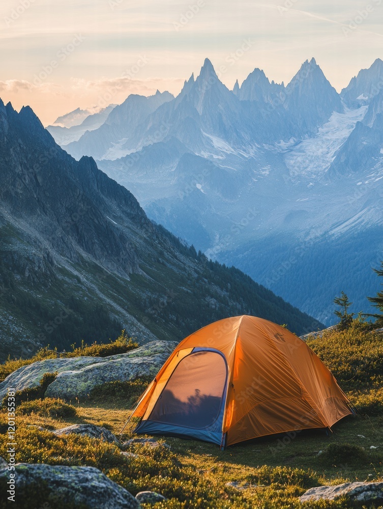 Camping in the mountains at sunset with an orange tent against a stunning natural landscape. Generative AI
