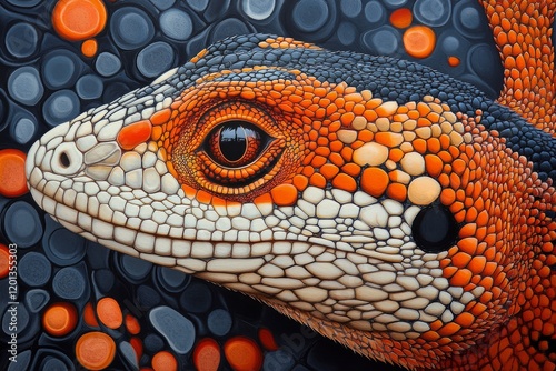 Detailed close-up of a colorful lizard highlighting vibrant patterns and text...