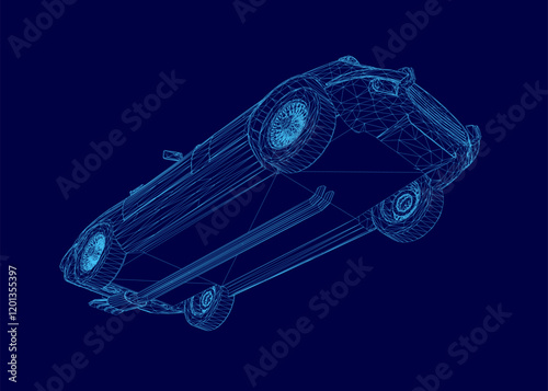 Blue car is shown in a 3D image. The car is upside down and he is in motion. The image has a futuristic and sleek look to it, with the car's design