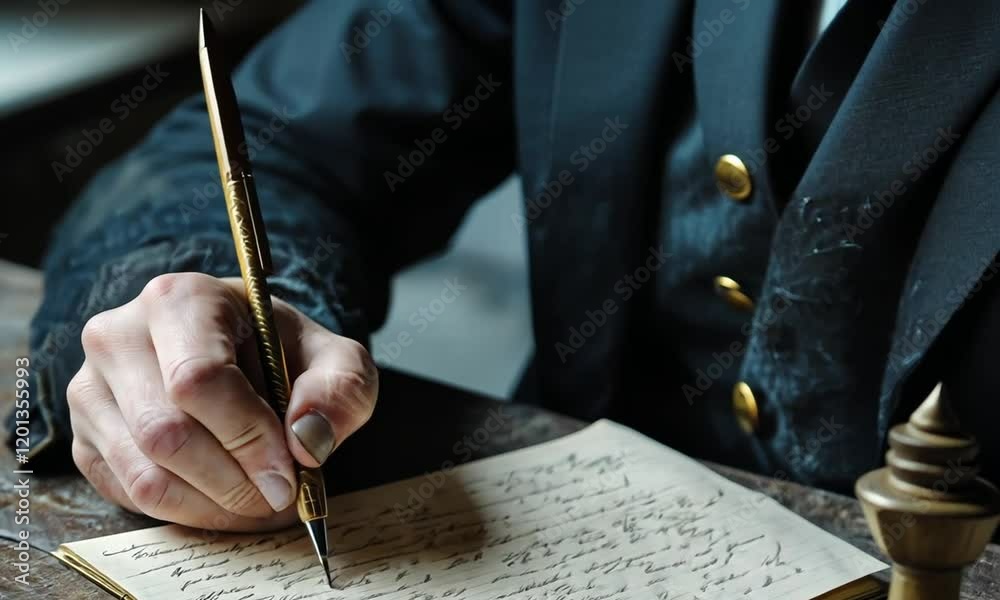 A Person's Hand Writing in an Antique Notebook with a Gold Pen