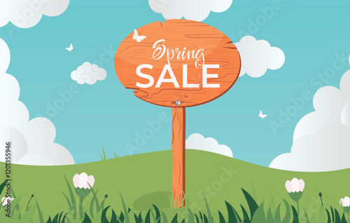 Spring Sale with cartoon wooden sign board on meadow. Vector spring banner with clouds, flowers, grass, butterflies and information board. Spring seasonal sale template