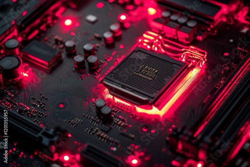 Microchip circuit board glowing with bright red lights in a dark environment