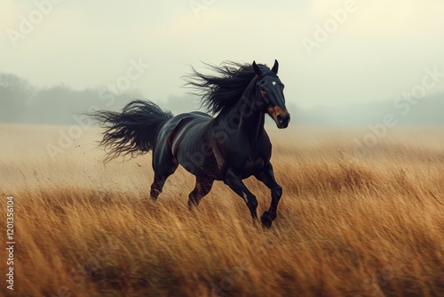 Majestic black horse grazing in a misty meadow during early morning hours