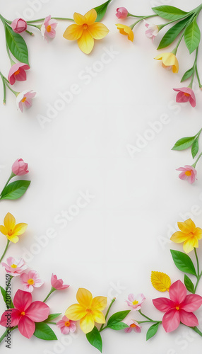 Web Banner template with flowers on the edges on white background. Picture frame with flowers for spring greeting card or invitation.  photo imitation, origami