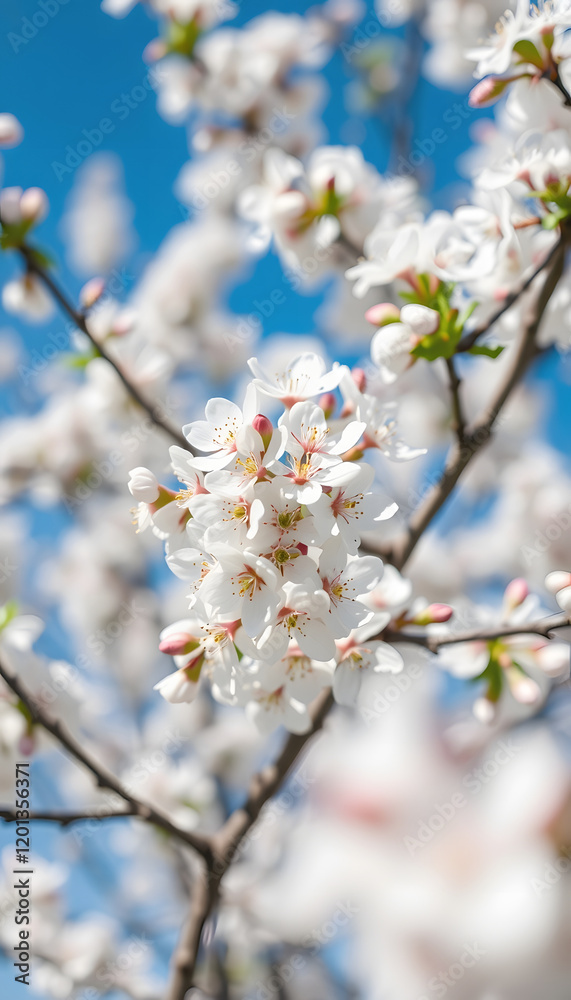 close on white flowers blooming in the branches of the tree in springtime on blue sky background, blurry foreground close on white flowers blooming in the branches of the tree in springtime on blue sky background, blurry foreground