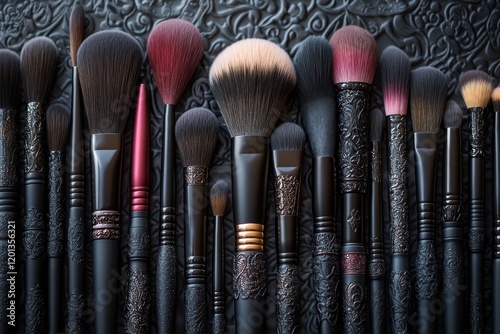 Collection of various makeup brushes arranged neatly on a flat surface