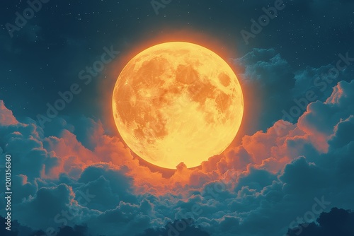Bright full moon illuminates a cloudy night sky over a serene landscape