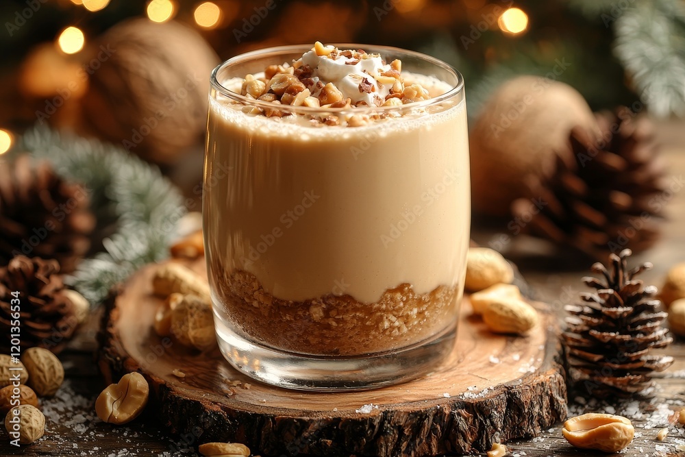 Peanut butter smoothie, milkshake with plenty of peanuts and caramel sauce, beige background with space for text. Promotional for food and drink Peanut butter smoothie, milkshake with plenty of peanuts and caramel sauce, beige background with space for text. Promotional for food and drink