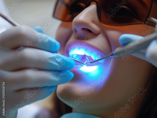 Cosmetic dentist performing teeth whitening treatment, bright smile transformation