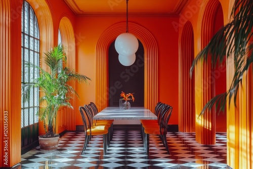 Bright orange interior with distinctive design elements and modern decor in a...