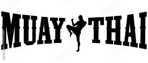 Muay Thai Logo in English (with fighter icon ). a style commonly seen on Thai boxing outfit. silhoutte,