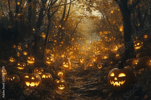 Spooky Halloween night with glowing jack-o-lanterns in a dark forest