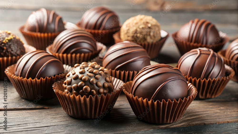 Delicious Chocolate Truffles on Rustic Wooden Table Delicious Chocolate Truffles on Rustic Wooden Table