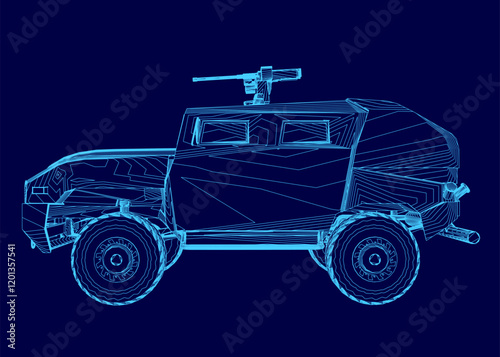 Blue drawing of a military vehicle with a gun on top. The vehicle is designed to be a tank and has a lot of detail. Scene is serious and intense, as it represents a powerful and dangerous weapon