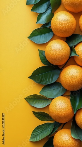 Fresh oranges with green leaves arranged on a bright yellow background