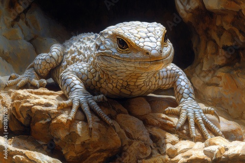Colorful lizard basking on a rock in natural sunlight, showcasing vibrant tex...