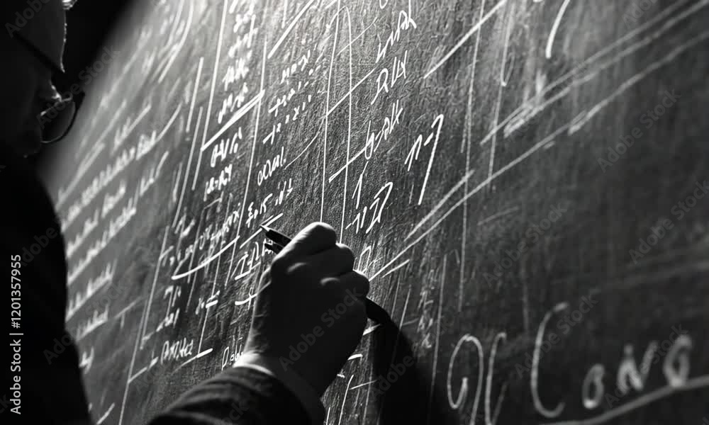 Elderly Man Writing Equations on a Dusty Blackboard
