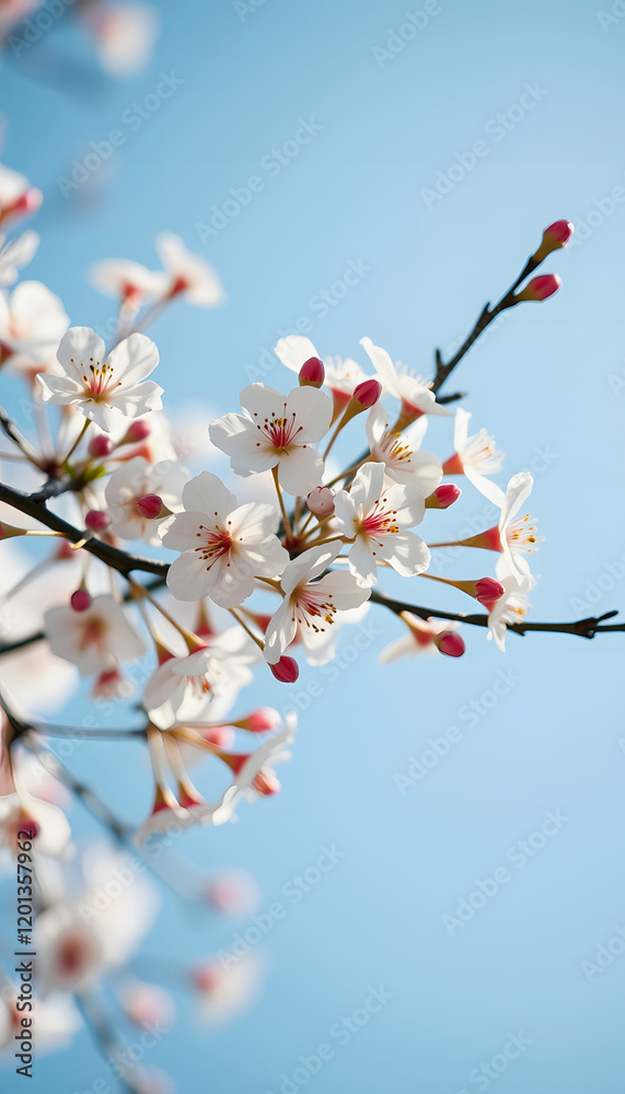 Branches of blossoming cherry macro with soft focus on gentle light blue sky background in sunlight with copy space. Beautiful floral image of spring nature, sticker style, with white tones Branches of blossoming cherry macro with soft focus on gentle light blue sky background in sunlight with copy space. Beautiful floral image of spring nature, sticker style, with white tones