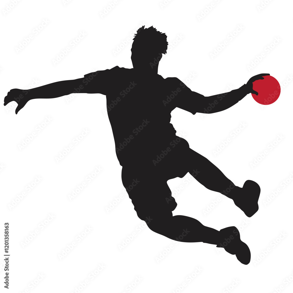 Obraz premium Handball player in action vector illustration isolated on white. Elegant body sport figure. Dynamic athlete boy jump and shooting penalty in goal. Sport man handball attack target shut in jump.