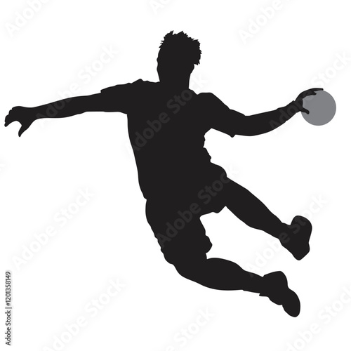 Handball player in action vector illustration isolated on white. Elegant body sport figure. Dynamic athlete boy jump and shooting penalty in goal. Sport man handball attack target shut in jump.