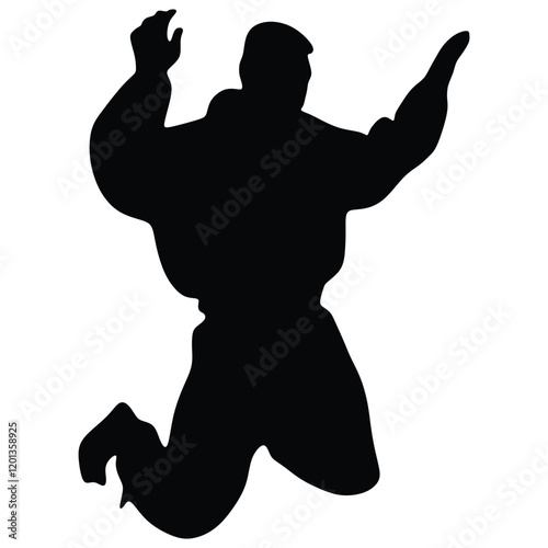 Silhouette of a man slump to his knee with his hand on air. Surrenders.