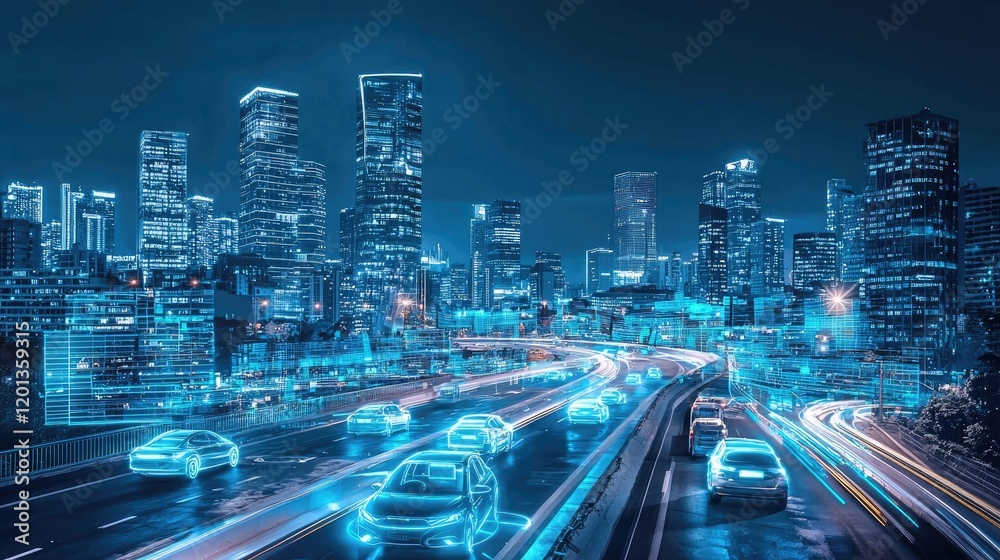 Obraz premium Futuristic Cityscape Autonomous Vehicles on a Highway at Night
