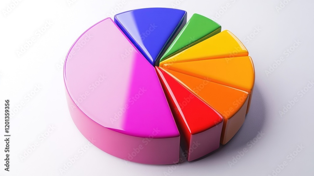 Obraz premium Circular pie chart in vibrant colors on a clean, white background, with individual segments highlighted to show data distribution