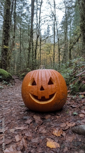Carved pumpkin with spooky face in wooded area during autumn season