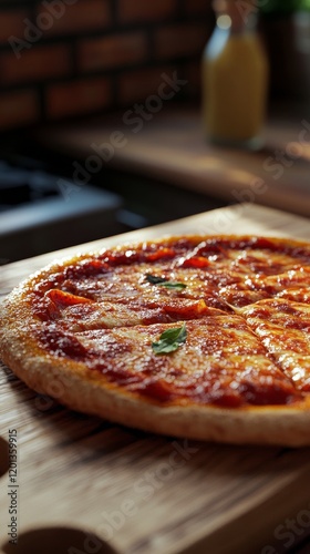 Delicious homemade pizza on wooden board in cozy kitchen with warm lighting