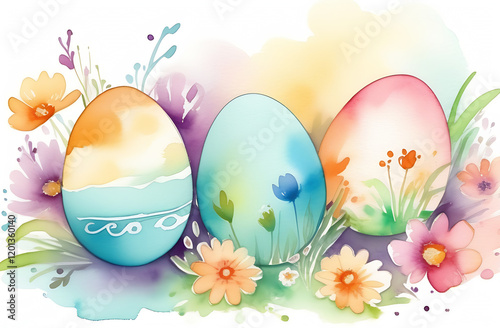 Colorful Easter eggs and spring flowers. Easter decoration, postcard.