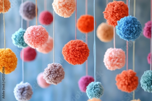 Colorful pom poms hanging from strings create a joyful decor in a vibrant room