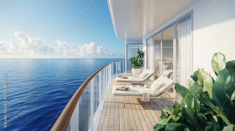 Luxury cruise ship balcony ocean view sunrise travel brochure Luxury cruise ship balcony ocean view sunrise travel brochure