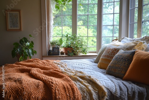 Cozy bedroom with plants and warm blankets in a sunlit window nook