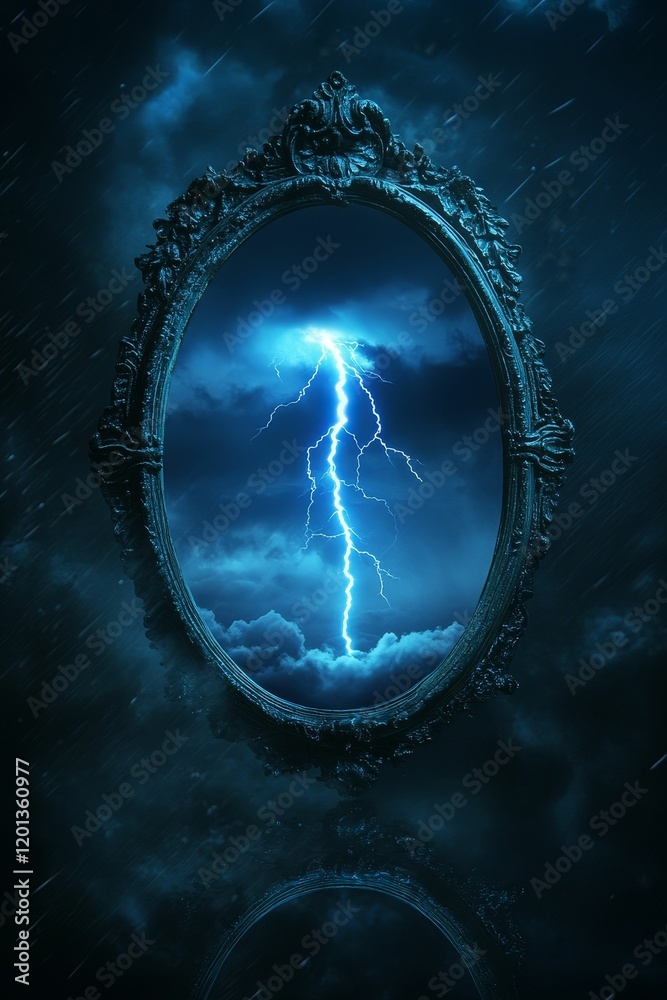 Fototapeta premium Ornate mirror reflects storm with dramatic lightning strikes.