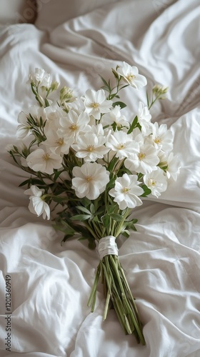 Fresh white flowers in a cozy bedroom with soft bedding and natural light