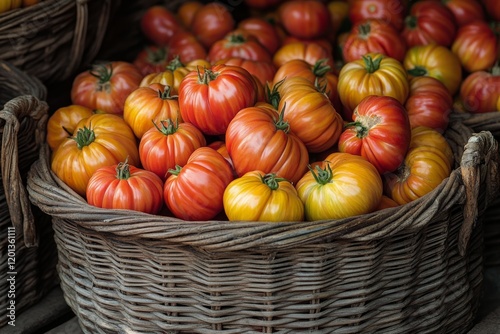 Freshly harvested heirloom tomatoes in woven baskets at a farmer market