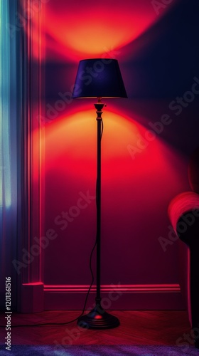 Colorful floor lamp illuminating a cozy living room corner at night