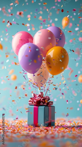 Colorful balloons float above a vibrant gift box amidst falling confetti duri...