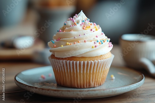 Delicious vanilla cupcake with colorful sprinkles on a festive plate during a...