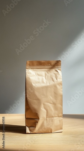Brown paper bag placed on wooden table inside a cozy cafe during the day