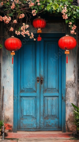 Vibrant blue door adorned with red lanterns in a historic alleyway during eve...