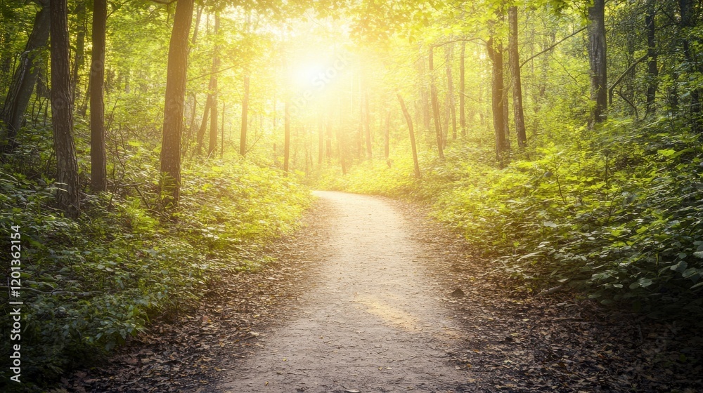 Fototapeta premium Sunlight Illuminating a Serene Forest Path, a Pathway Through Lush Green Trees, a Tranquil Escape into Nature's Embrace