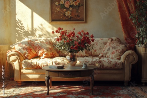 Cozy living room with floral arrangement on coffee table in vintage style