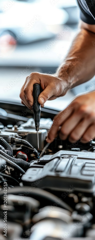 Car maintenance action auto repair shop hands-on mechanics indoor environment close-up viewpoint automotive concept
